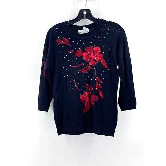 C. D. Petites Women's 3/4 Sleeve Black Rhinestone Roses Knit Sweater Size PS - Picture 1 of 11